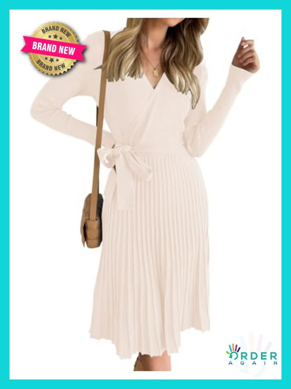 ZESICA Long Sleeve Wrap Midi Sweater Dress Pleated Ruffle Belted